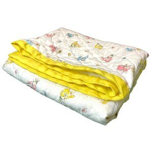 Vintage 1970s Kitsch Animal Pattern Nursery Yellow Trim Quilted Small Quilt